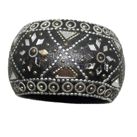 VINTAGE ORNATE INDIA BOHO MIRROR MOSAIC INLAY DOME BRACELET - Picture 3 of 5